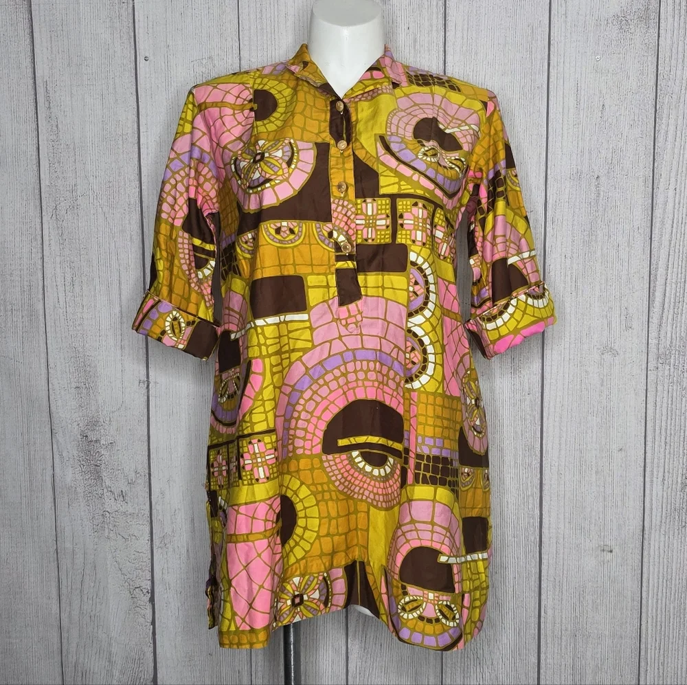 Vintage 1960s Penthouse Gallery Japan Mod Tunic Dress Pink Brown Geometric XL - Picture 2 of 9